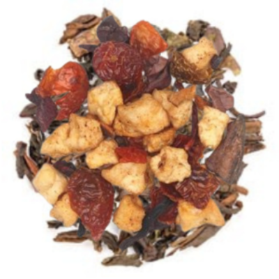 Black tea, gunpowder tea, apple pieces, cinnamon, rose hips, cocoa nibs, hibiscus, almonds, crème brûlée flavor, marigold petals.