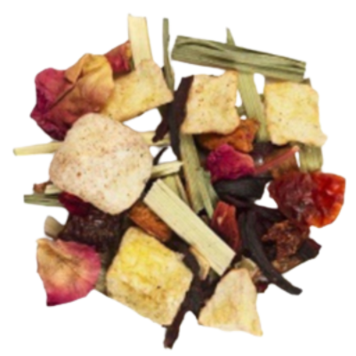 A collection of dried herbs and fruits used to make a love spell tea, including hibiscus, cinnamon, apple, rose hips, lemongrass, raspberry leaves, passionfruit, rose petals, and apricots & mango, with a pink drink recipe card in the background.