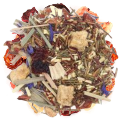 green rooibos, rose hips, hibiscus, apple, lemongrass, strawberry, blue cornflowers, raspberry leaves