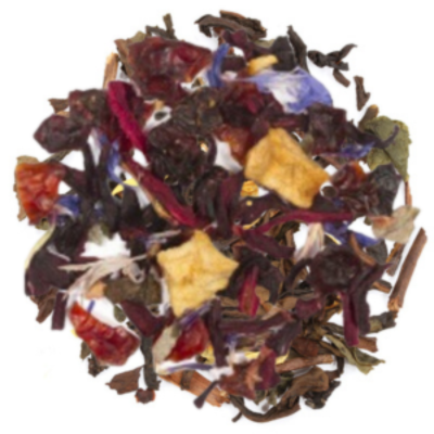 oolong tea, rose hips, hibiscus, apple, peach, cornflowers, creme, raspberries, blueberry, strawberry, raspberry leaves