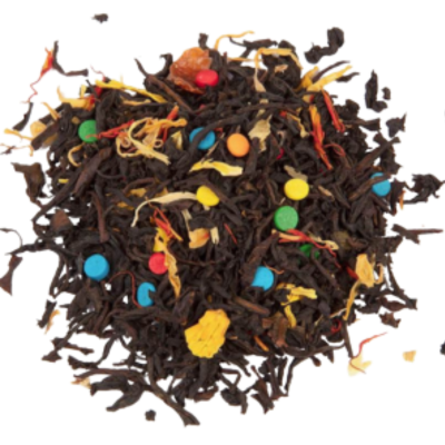 decaf ceylon tea, vanilla, licorice root, rainbow sprinkles