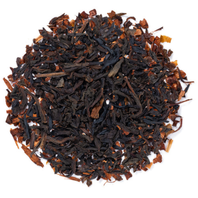 A circular pile of loose-leaf dark tea leaves, showing dark brown to black rolled leaves with lighter brown and orange tips, isolated on a white background.
