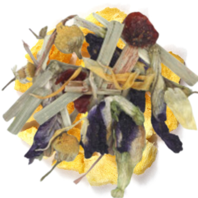 lemongrass, apple, butterfly pea flower, hibiscus, rose hips, chamomile, mango, marigold, lychee