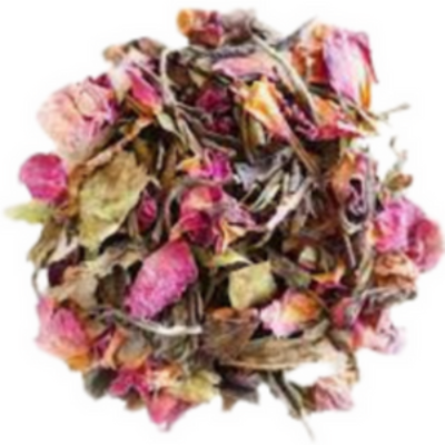 green loose-leaf tea with large rose petals and floral taste