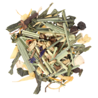 An herbal tisane mix of lemongrass, nettle leaves and St. John's Wort to help calm with a sweet lemon and lavender taste. 