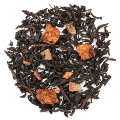 Black tea leaves with orange peel pieces on a white background