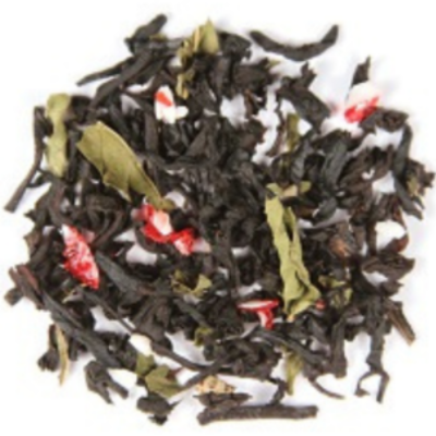 black loose-leaf tea with pieces of candy canes and peppermint