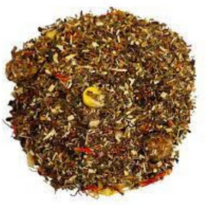 green and red rooibos, honeybush, toasted rice, caramel, buckwheat, toffee crisps, corn, safflower, coconut, marigold