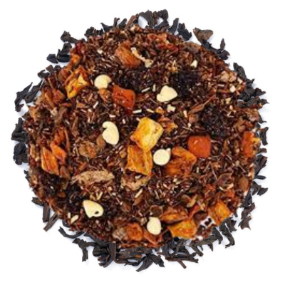 rooibos, honeybush loose-leaf tea with carrots, spices, raisins, and white chocolate. 