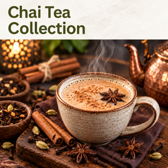 Chai Tea Collection featuring six loose-leaf chai teas in Try Me and Value sizes