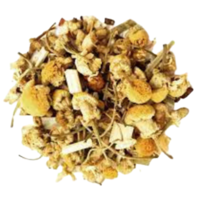 chamomile, honeybush, lemongrass, licorice, toasted coconut, hand-cut vanilla bean, bee pollen, chicory