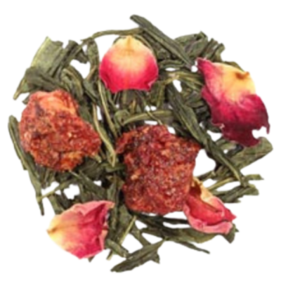 green tea, apple, hibiscus, raspberry, cranberries, watermelon, orange, lemon, lime, marigold, rose petals, cherries