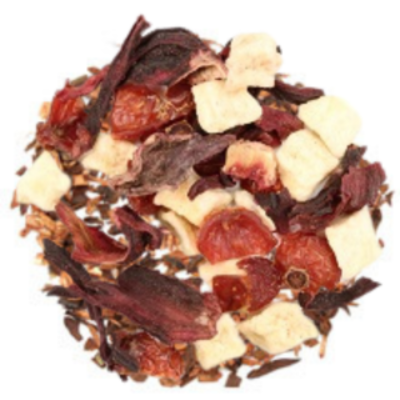 hibiscus, honeybush, rose hips, apple, cherries, vanilla
