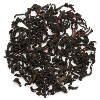 Loose-leaf black tea leaves with chocolate and cherry flavor. 
