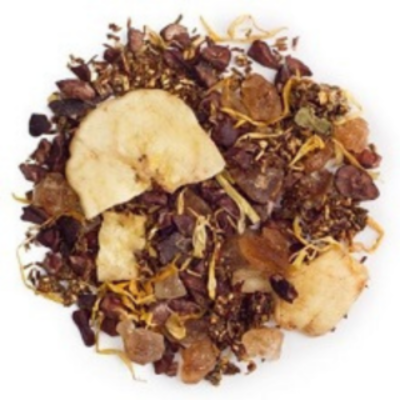 A blend of black tea, honeybush, apple, cocoa nibs, and other ingredients including banana and chestnuts, indicative of a chocolate-dipped banana flavored tea.