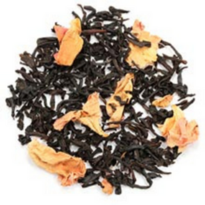 Black loose-leaf tea leaves with chocolate and strawberry flavor accented with rose petals. 