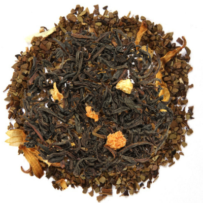 Loose leaf Chocolate Pumpkin Mocha tea blend with dark tea leaves, chocolate pieces, cocoa, and colorful flower petals