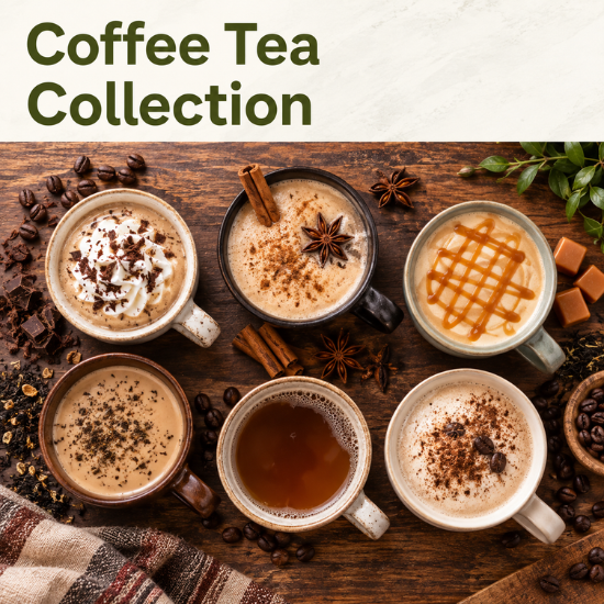 Coffee Tea Collection featuring six handcrafted tea blends served in coffee-style cups on a rustic wooden table, surrounded by coffee beans, tea leaves, spices, chocolate, caramel, and cinnamon.