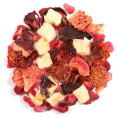 A blend of dried fruits including what appears to be rose hips, hibiscus, apple, strawberry, and raspberry, commonly used as ingredients in a state fair-themed tea mix.