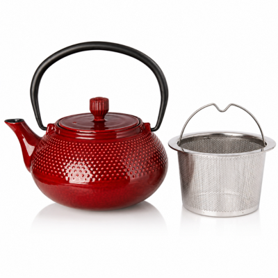 A red cast iron teapot with a textured dimple pattern, a black metal handle, and a matching red lid, shown on a white background with a stainless steel brew basket.