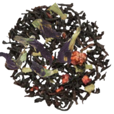 A close-up of black tea leaves with currants and butterfly pea flower, raspberry leaves visible, with a purple hue and a touch of red.