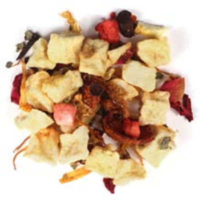 A mix of dried tea ingredients including apple, rose hips, hibiscus, lemon verbena, orange, dragon fruit, pineapple, and strawberries with a hint of marigold and rose petals.