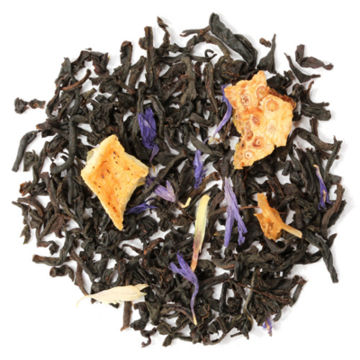 A blend of black tea leaves with pieces of orange peel and blue cornflower petals, indicating a visually rich and aromatic tea mix.