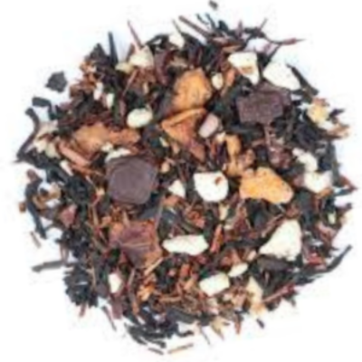 decaf ceylon tea, cocoa nibs, chocolate chips, chicory, blue cornflowers