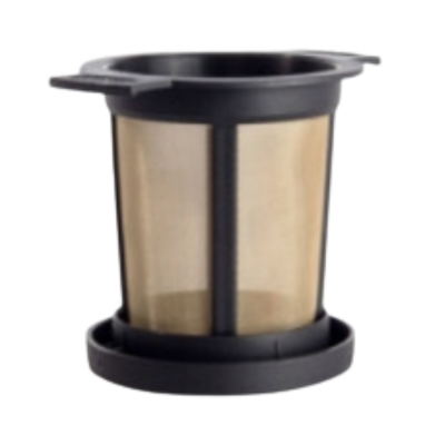 Reusable loose-leaf tea filter with black exterior and mesh interior on a white background