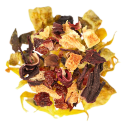apple, orange peels, hibiscus, ginger, cinnamon, turmeric, rose hips, black peppercorn, mango, marigold