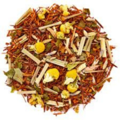 chamomile, honeybush, green and red rooibos, lemongrass, caramel, licorice, coconut, corn, safflower, vanilla bean, chicory,