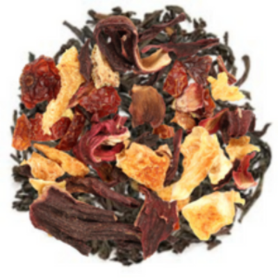 black loose-leaf tea with cherry, cranberry, cinnamon and maple