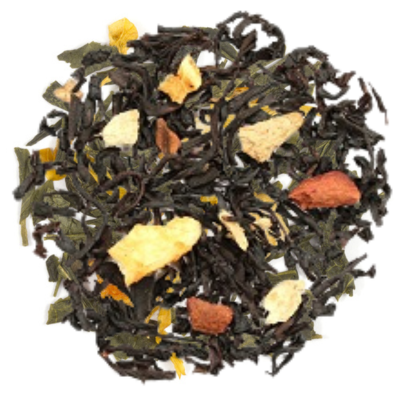 Assorted tea leaves including black, green, and orange with fruit that include peach, orange, raspberry, and apricot.