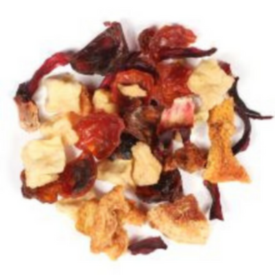 A variety of dried fruits and herbs including cranberries, orange peels, and cinnamon bark, mixed together.