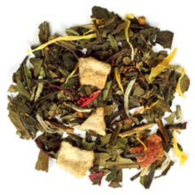 white loose-leaf tea with orange, mango, and peach taste