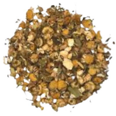 ginger, apple, blackberry leaves, sunflower blossoms, bee pollen, chamomile