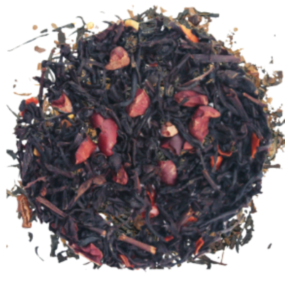 Black loose-leaf Tea leaves with hazelnut, chocolate, and coffee taste