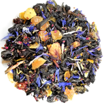  purple tea, apple, papaya, elderberries, rose hips, butterfly pea flower, hibiscus, orange, blueberries, strawberries, blackberry