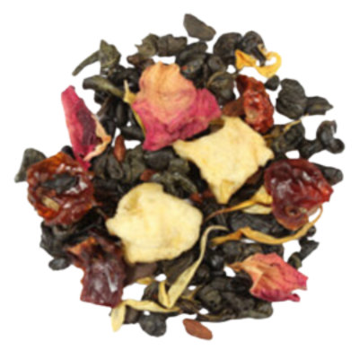 green tea, hibiscus, apple, rose hips, strawberry, cherry, candied pineapple, orange, mango, safflower, lemongrass, marigolds