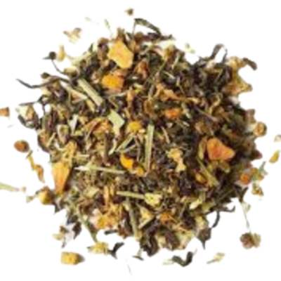 green and red rooibos, apple, cocoa nibs, cinnamon, dark chocolate chips, chicory, pecans, walnuts, caramel, marigold flowers, safflower blossoms, and orange blossoms.