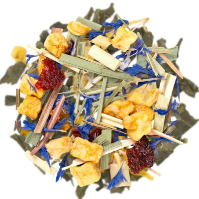 green tea, apple, orange, lemon, lemon grass, rose hips, lavender, orange, marigold, blue cornflowers, vanilla