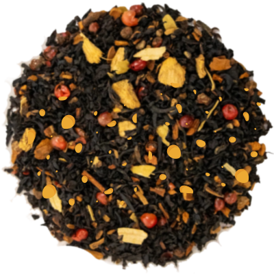 A top-down view of a circular pile of loose-leaf herbal tea blend on a solid white background. The blend features dark black tea leaves mixed with dried yellow citrus slices, small red berries, and cinnamon sticks.