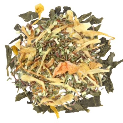 green tea, green rooibos, apples, orange, mango, apricots, lemon, vanilla, cream, marigold