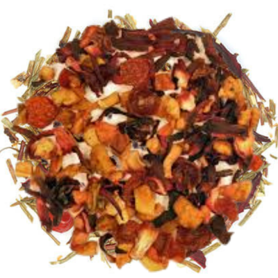 Little Red Riding Hood caffeine free rooibos herbal loose leaf tea with berries, apple, cinnamon, caramel, and green rooibos