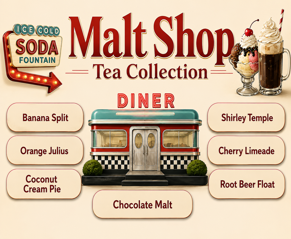 A retro-style menu graphic for the Malt Shop Tea Collection Diner, featuring a small red, white, and teal diner illustration in the center, surrounded by tea flavor labels including Banana Split, Orange Julius, Coconut Cream Pie, Shirley Temple, Cherry Limeade, Root Beer Float, and Chocolate Malt. The Malt Shop logo appears at the top, with ice-cold soda fountain graphics on the left and two iced drinks on the right.