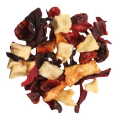 Assorted dried fruits including cranberries, apples, and raisins on a white background