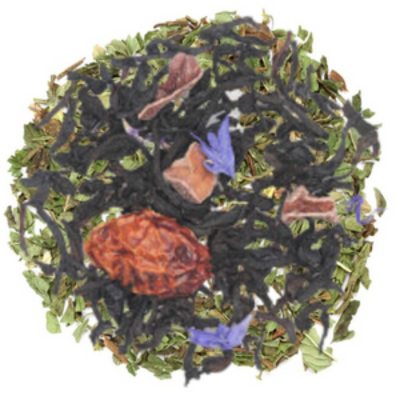 black tea, yerba mate tea, apple, candy apple flavor, rose hips, cocoa nibs, Lapsang Souchong, whiskey flavor, spearmint, licorice root, cinnamon, blue cornflowers, caramel, vanilla