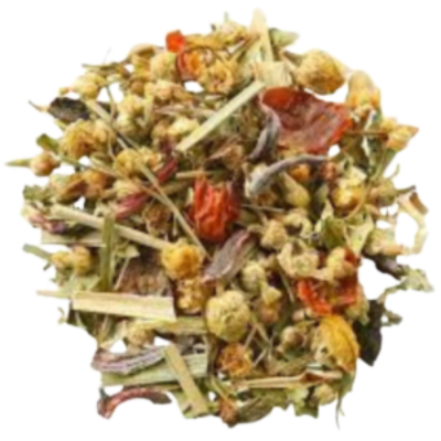 chamomile, peppermint, orange, hibiscus, rose hips, yarrow, valerian root, marigold, lemon balm leaves