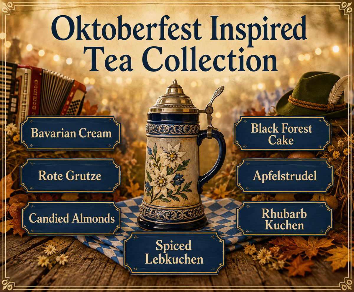 A festive Oktoberfest-themed tea collection graphic centered on a decorated ceramic stein mug, surrounded by autumn props and labeled tea options including Bavarian Cream, Rote Grutze, Candied Almonds, Spiced Lebkuchen, Black Forest Cake, Apfelstrudel, Rhubarb Kuchen, and a central beer mug style container. Large text reads 'Oktoberfest Inspired Tea Collection.