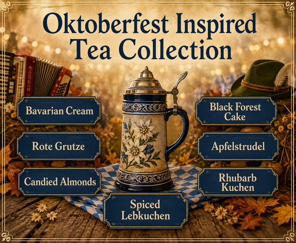 A festive Oktoberfest-themed tea collection graphic centered on a decorated ceramic stein mug, surrounded by autumn props and labeled tea options including Bavarian Cream, Rote Grutze, Candied Almonds, Spiced Lebkuchen, Black Forest Cake, Apfelstrudel, Rhubarb Kuchen, and a central beer mug style container. Large text reads 'Oktoberfest Inspired Tea Collection.